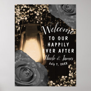 Poster Lanterna Rustic Glow Cinza Rosas Casamento Boas-vi