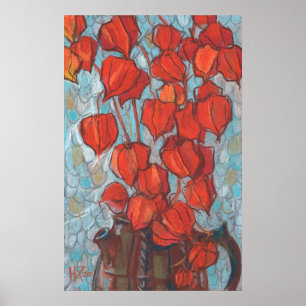 Poster Lanternas Chinesas, Pintura Floral de Physalis Aut