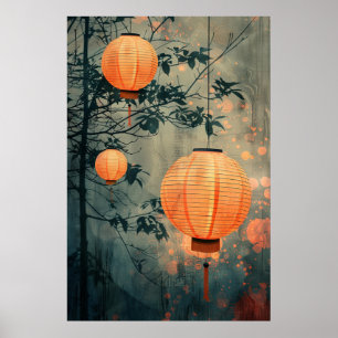 Poster Lanternas Japonesas à Noite – Arte em Aquarela Que