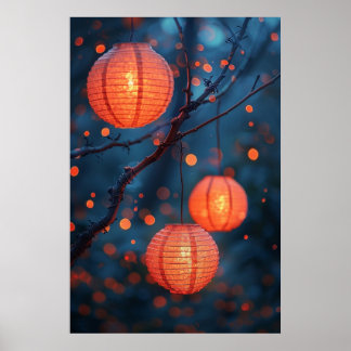 Poster Lanternas Japonesas à Noite – Arte em Aquarela Que
