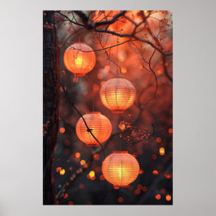 Poster Lanternas Japonesas à Noite – Arte em Aquarela Que