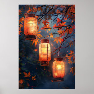 Poster Lanternas Japonesas à Noite – Arte em Aquarela Que
