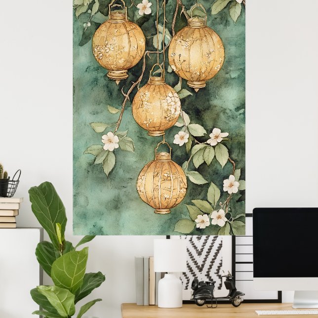 Poster Lanterns asiáticos tradicionais pendurados no ramo (Escritório em casa)