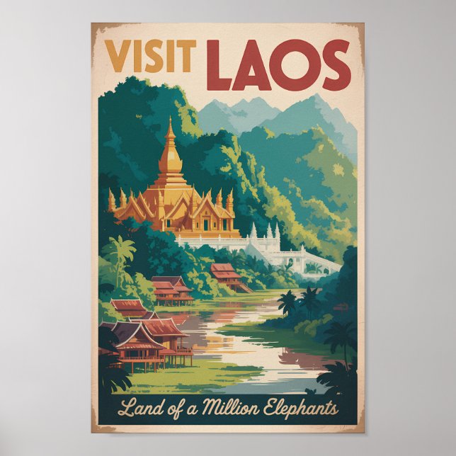 Poster Laos Pha That Luang Illustration Travel Art (Frente)