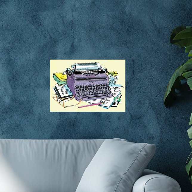 Póster Lápis de Papel de Máquina de Digitalização de Ferr (Vintage purple manual typewriter, books, pencils, paper on yellow art wall poster.)