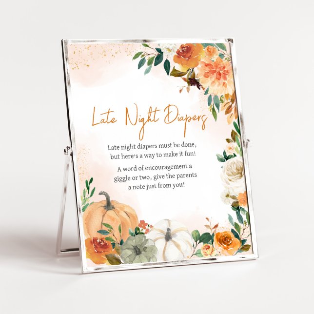 Poster Laranja Autumn Floral Pumpkin Fraldas Noturnas Tar (Autumn Floral Pumpkin Baby Shower Late Night Diapers Sign)