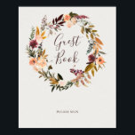 Poster Laranja Borboleta | Símbolo de livro convidado beg<br><div class="desc">Este floral laranja burgundy | sinal de livro de hóspedes bege é perfeito para o seu casamento ruidoso, verde escuro e jardim de ouro. Design apresenta uma coroa ou buquê de pêssego de cor d'água minimalista, rosa poeirento, roxo e rosas claro florais juntamente com cobre, verde, amarelo e verde cor...</div>