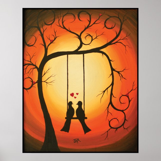 Poster Laranja e pôr do sol preto com aves (Frente)