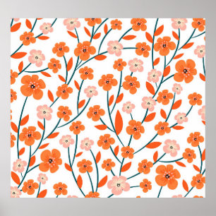 Poster Laranja Floral Pastel Branco Sem Costura