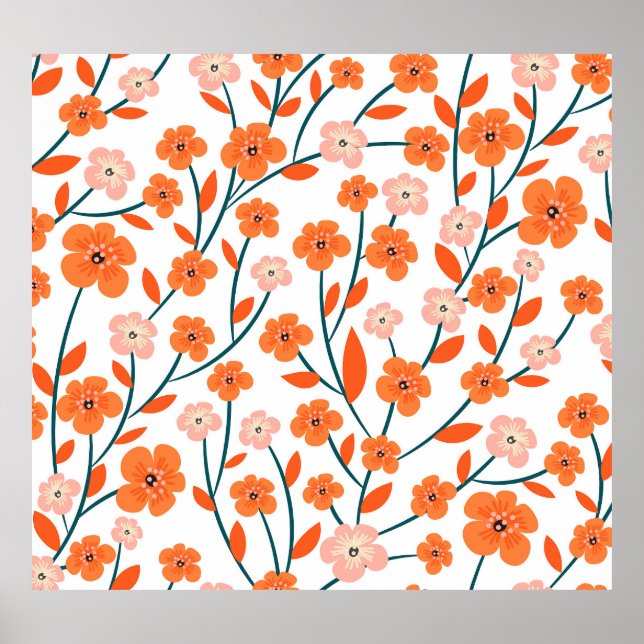 Poster Laranja Floral Pastel Branco Sem Costura (Frente)