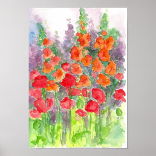 Poster Laranja Gladiolas Red Poppy Flower Watercolor