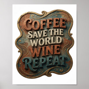 POSTER LARANJA MODERNA CAFÉ SALVE O MUNDO VINHO REPITA