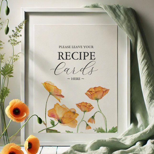 Poster Laranja Picada Flor Deixe Sua Receita Aqui (Recipe card sign watercolor orange poppy flower art by Victoria Grigaliunas of Do Tell A Belle)