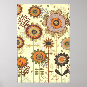 Póster Laranja retro bonito, costume floral marrom do
