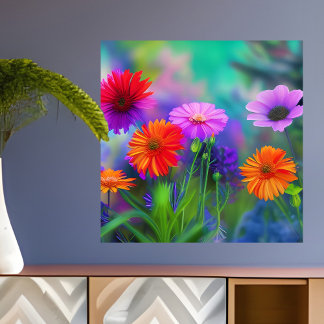 Poster Laranja Rosa e Flores Roxas Arte AI