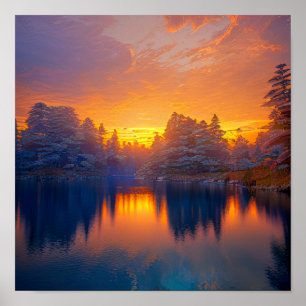 Poster Laranja Sunset no Lago Calm Forest