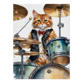Póster Laranja Tabby Cat Rock Star Jogando Tina Vermelha