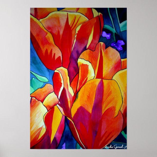 Póster Laranja Tulipas aquarela pintura floral (Frente)