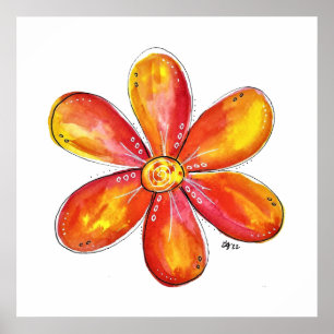 Poster Laranja Whimsical Colorida e Flor Amarelo