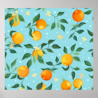 Poster Laranjas, flores: padrão sem costura têxtil.