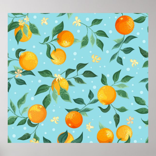 Poster Laranjas, flores: padrão sem costura têxtil. (Frente)