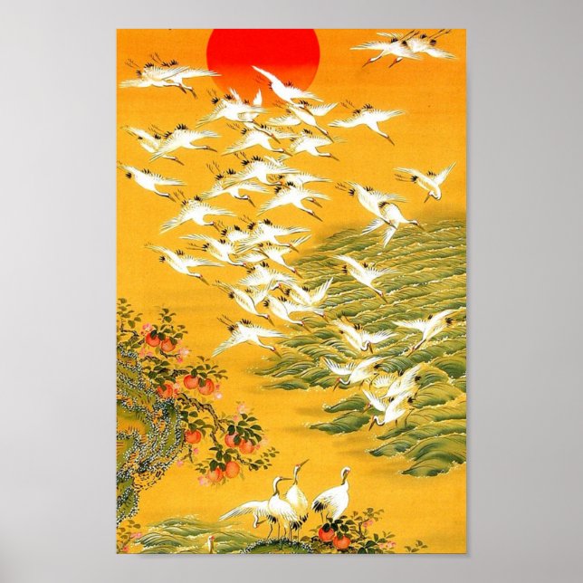 Póster Laranjas, Sunset e Gruas Vintage Arte Asiática (Frente)