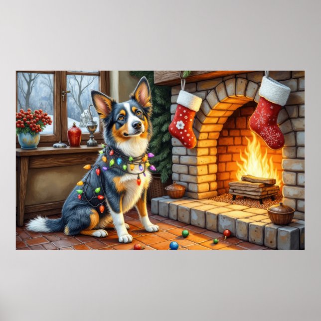 Poster Lareira Blue Heeler com Luzes de Natal (Frente)