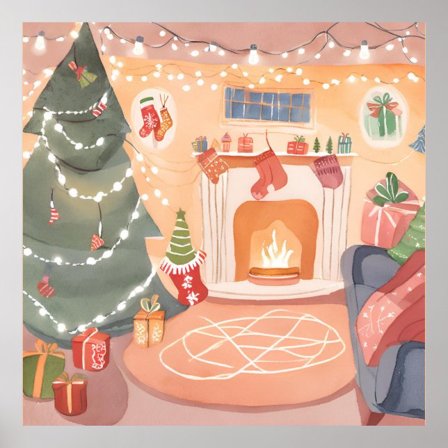 Poster Lareira de Natal em Aquarela (Frente)