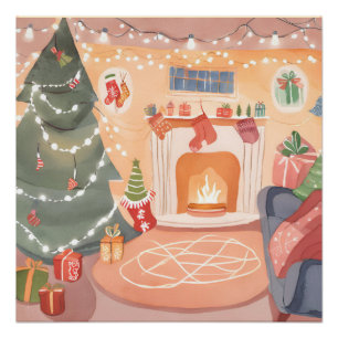 Póster Lareira de Natal em Aquarela