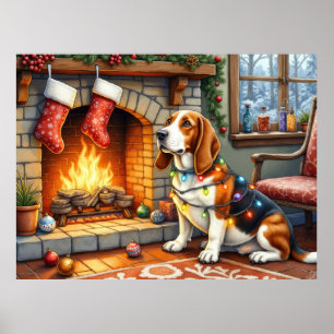 Poster Lareira do Basset Hound com Luzes de Natal