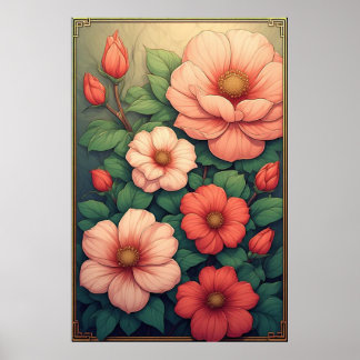 Poster Large Blossoms, Green Leaves and Decorative Vintag