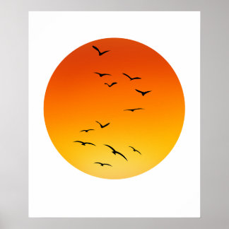Poster Large Flock of Birds flying toward a Glowing Sun.