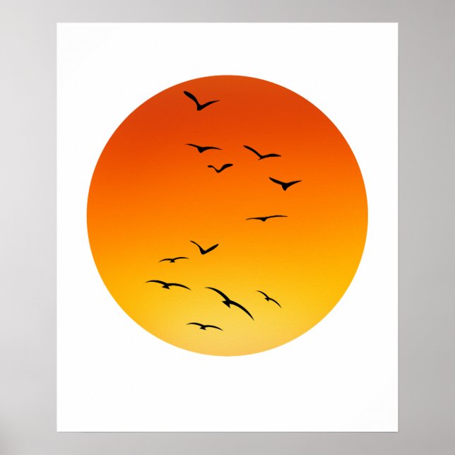 Poster Large Flock of Birds flying toward a Glowing Sun. (Frente)