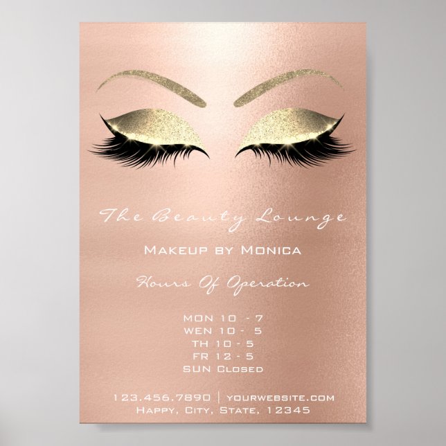 Póster Lashes Makeup Artist Glitter Beauty Salon Dourado (Frente)
