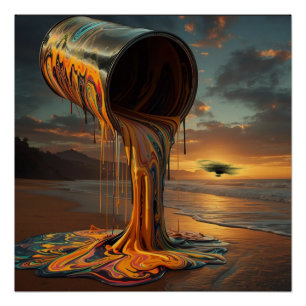 Póster Lata de Tinta Gigante Derrama Tinta na Praia do Pô