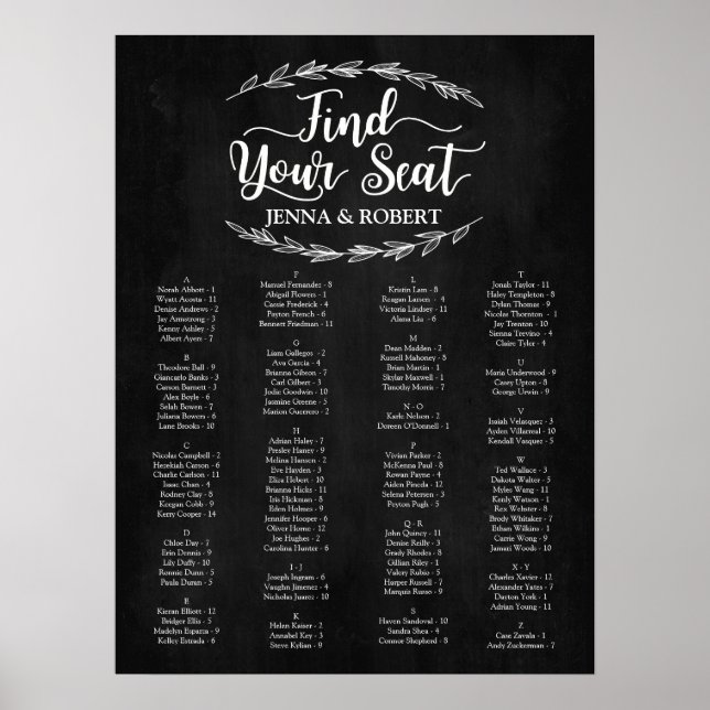 Póster Laurel Wedding Seating Chart, Cor Editável (Frente)