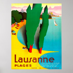 Poster Lausanne, lago Genebra praia, Suiça