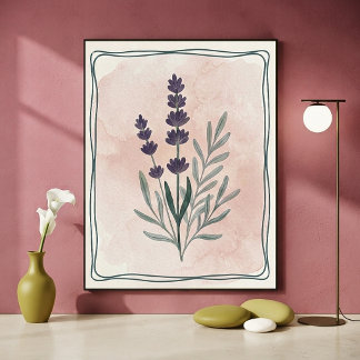 Poster Lavanda Botânica Vintage e Rosa Aguarela