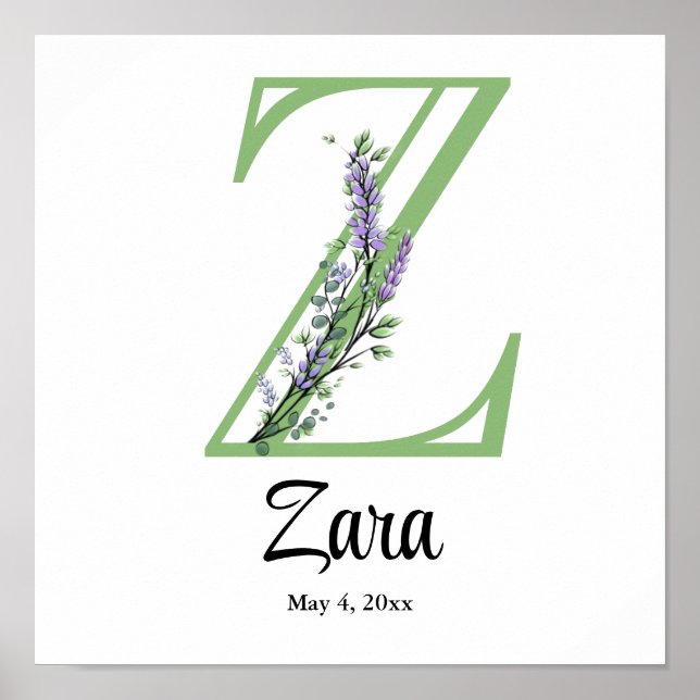 Poster Lavanda de viveiro de Eucalyptus, monograma Z (Frente)