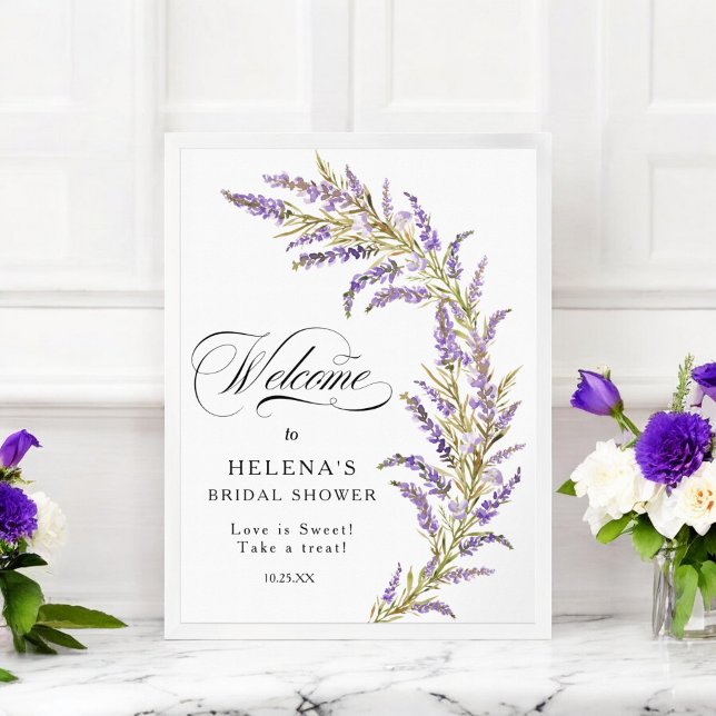 Poster Lavanda floral chá de panela de aquarela (Lavender floral watercolor bridal shower welcome poster)