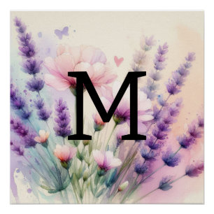 Póster Lavanda púrpura cor-de-rosa com monograma floral