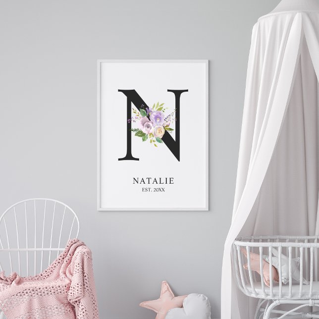 Poster Lavanda Roxo - Letra 'N' Nome do Nursery - Wall Ar (Criador carregado)