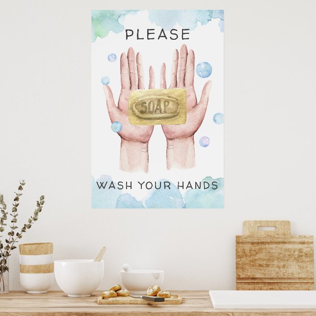 Poster Lave as Mãos | Ilustração em Aquarela (Cozinha)