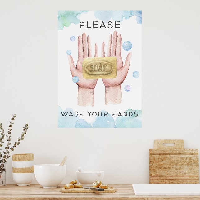 Poster Lave as Mãos | Ilustração em Aquarela (Cozinha)