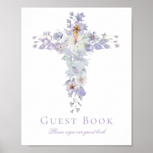 Poster Lavender Floral Cross Baptism Guest Book Sign (Frente)
