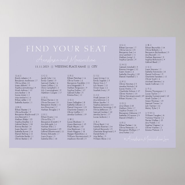 Poster Lavender Lilac Wedding Alphabetical Seating Chart (Frente)