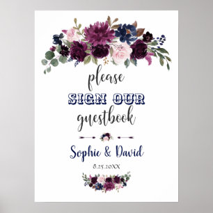 Poster Lavender Navy Floral Please Sign Our Guestbook