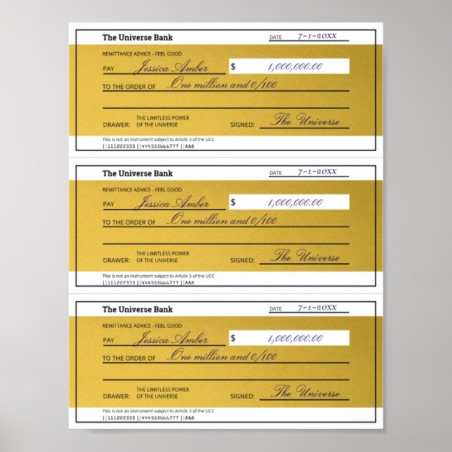 Poster Law of Attraction 3 Blank Printable Gold Checks (Frente)