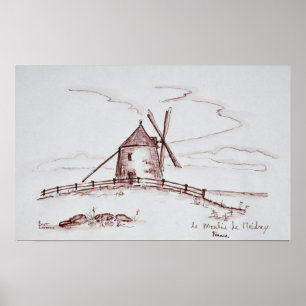 Poster Le Moulin de Moidrey Windmill  Pontorson