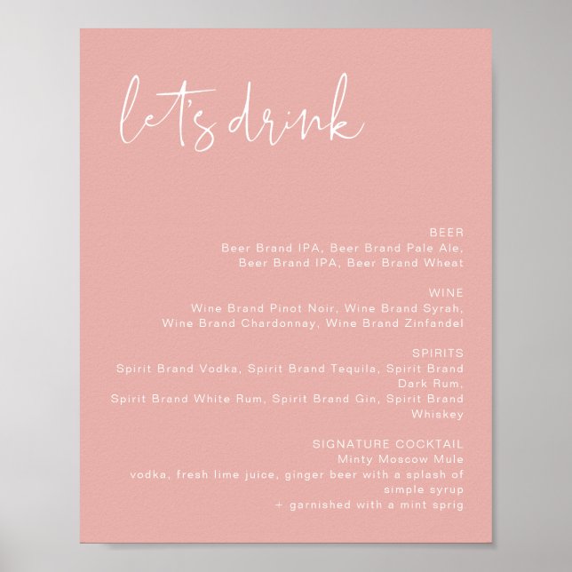 Poster LEAH Vibrante Menu de Bar Rosa Pastel  (Frente)